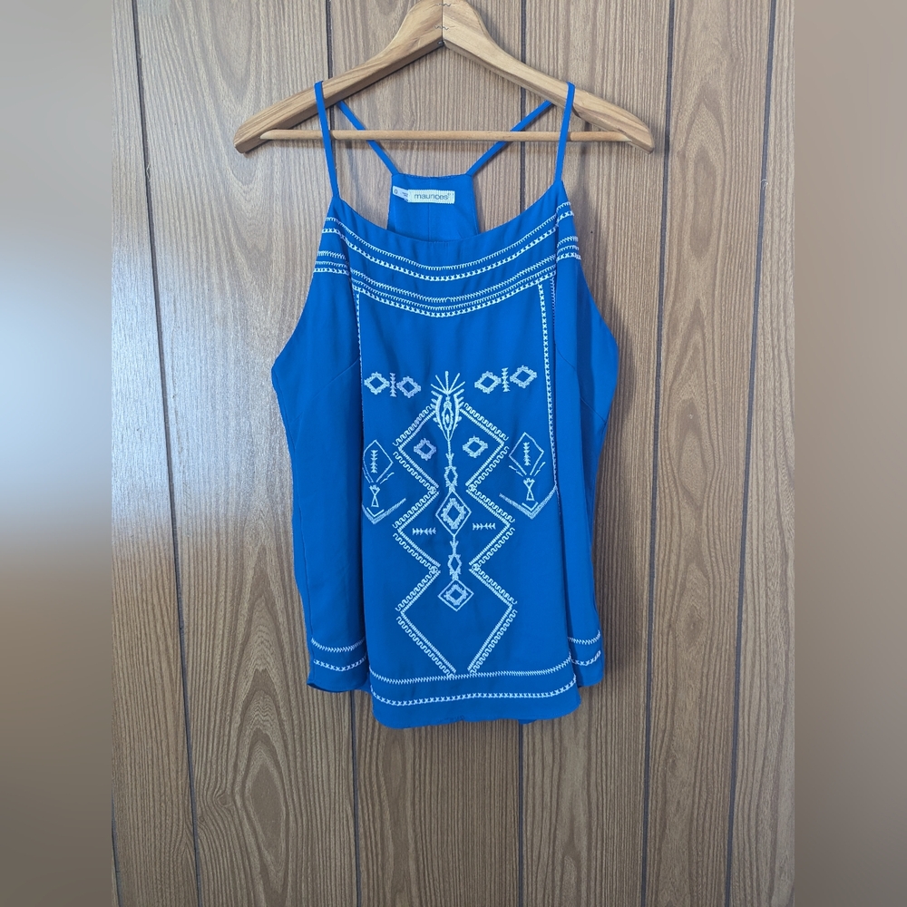 Maurices Women's Blue & White Embroidered Tank Top with Slip Attached Pullover 0